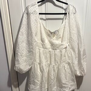 Petal & Pup White Textured Puff Sleeve Mini Dress